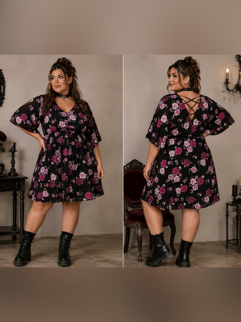 Torrid Size 1 Black Pink Floral Babydoll Mini Dress, Criss Cross Back Whimsygoth